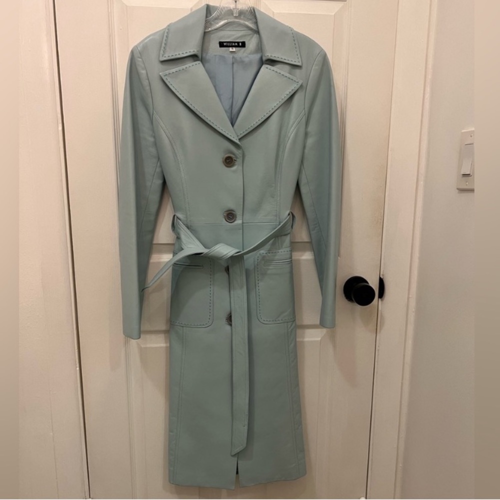Vintage Y2K Soft Blue Leather Trench Coat. Small. William B. Buttery Soft.